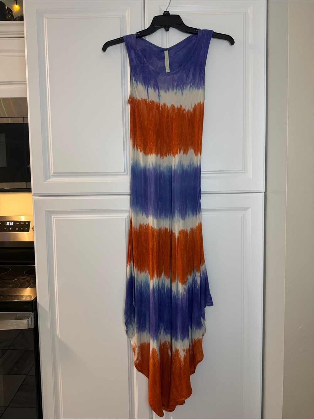 TRUE ROCK Sleeveless Tie-Dye High-Low Maxi Dress in Purple, Orange & White
